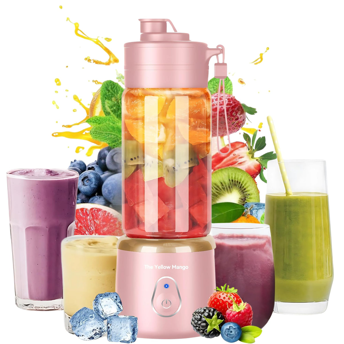 The Yellow Mango batidora portátil con vaso de vidrio de 500 ml para smoothies cremosos.