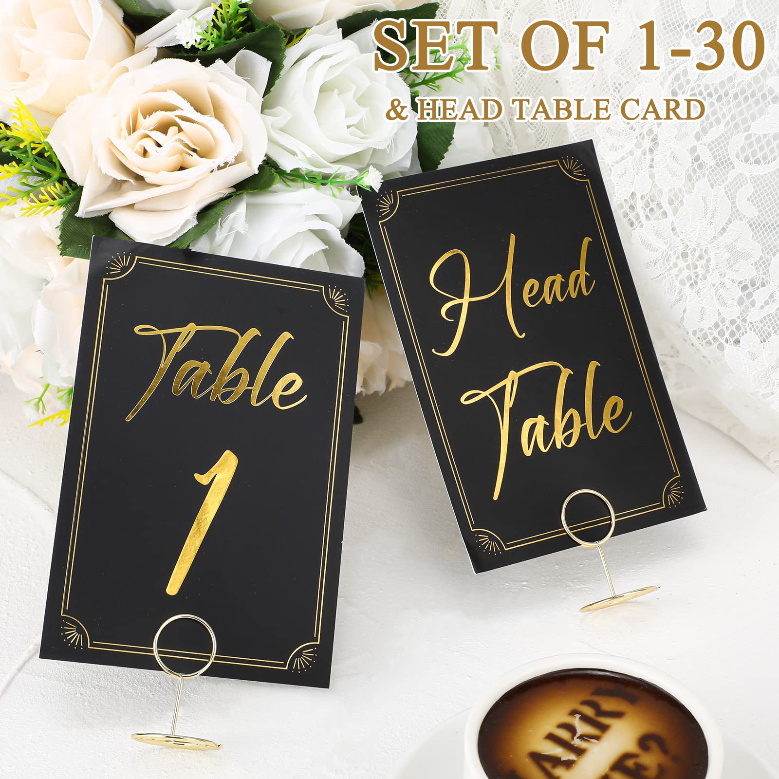 Tarjetas de número Thenshop 1-30 4x6 cm negro dorado para mesas