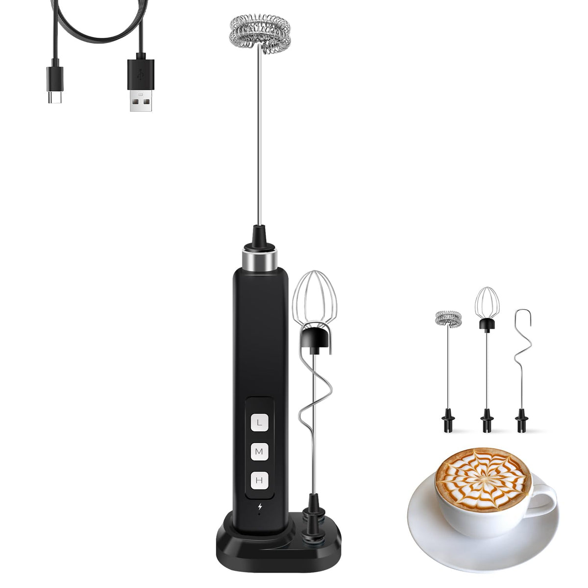 Theresduet batidora-leche recargable con base de carga para almacenamiento cómodo.