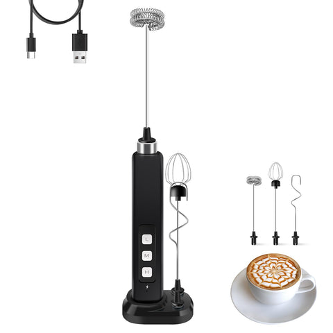 Theresduet batidora-leche recargable con base de carga para almacenamiento cómodo.