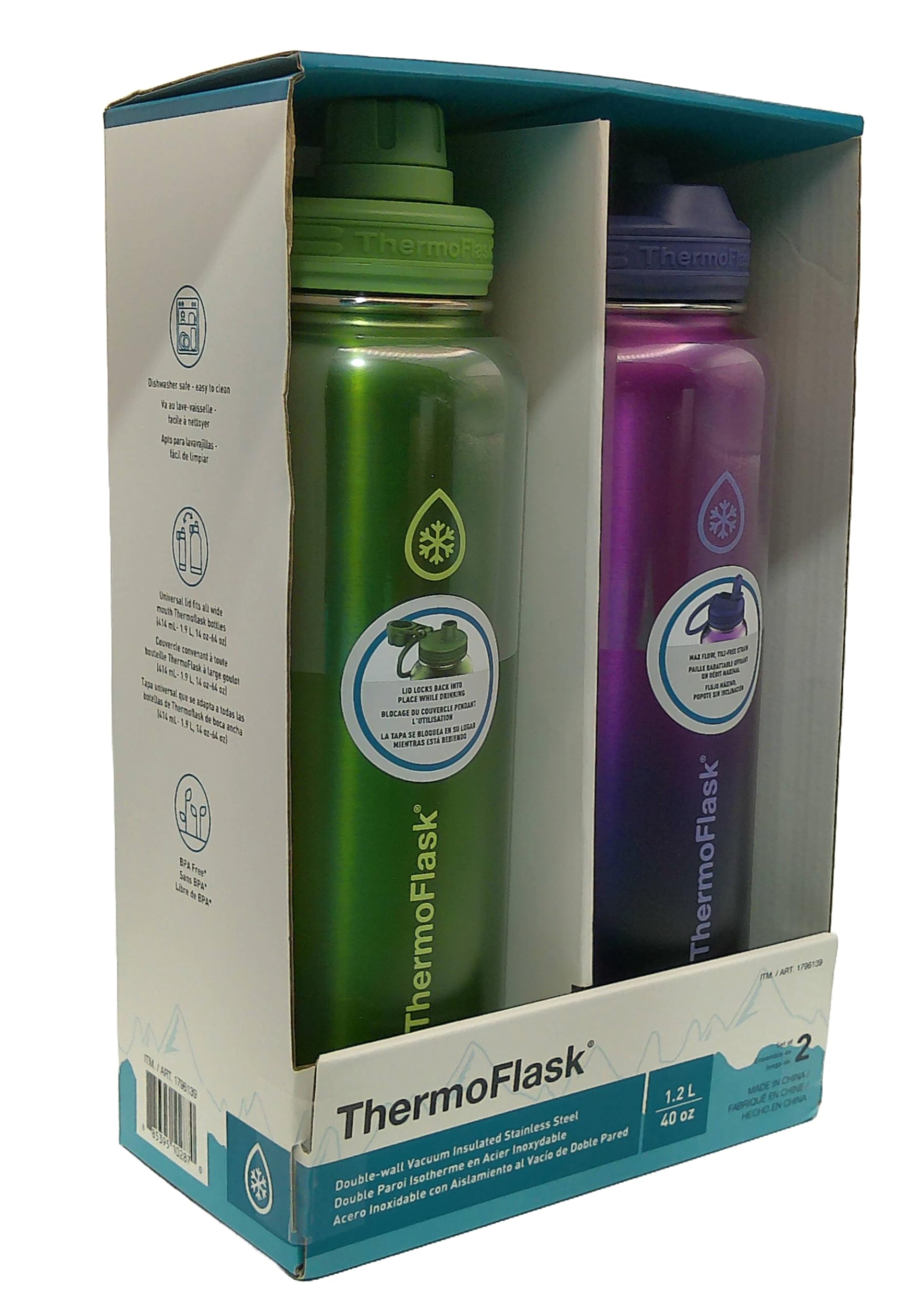 ThermoFlask botella 40 oz con tapa chug y pajita para beber cómodo.