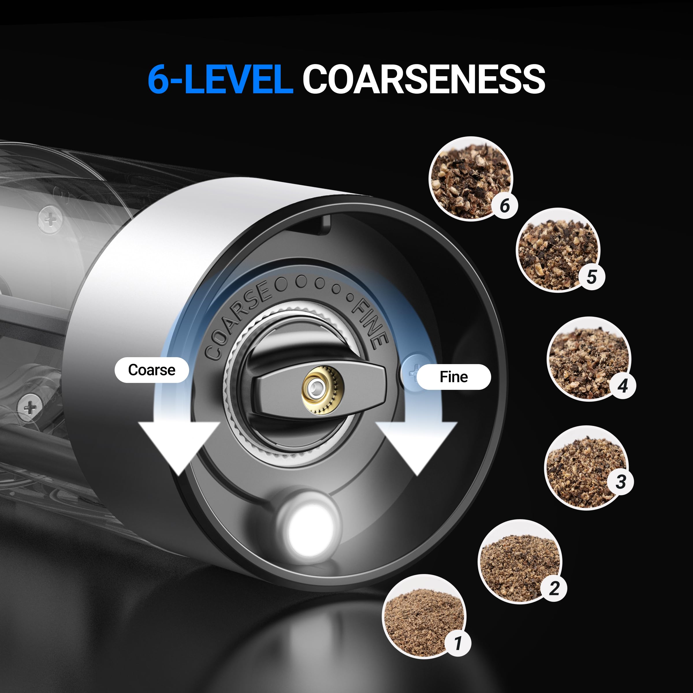 Molinillos con 6 configuraciones de molienda y dientes cerámicos para sabor constante.
