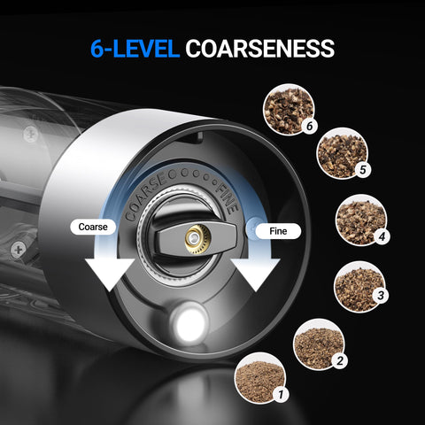 Molinillos con 6 configuraciones de molienda y dientes cerámicos para sabor constante.