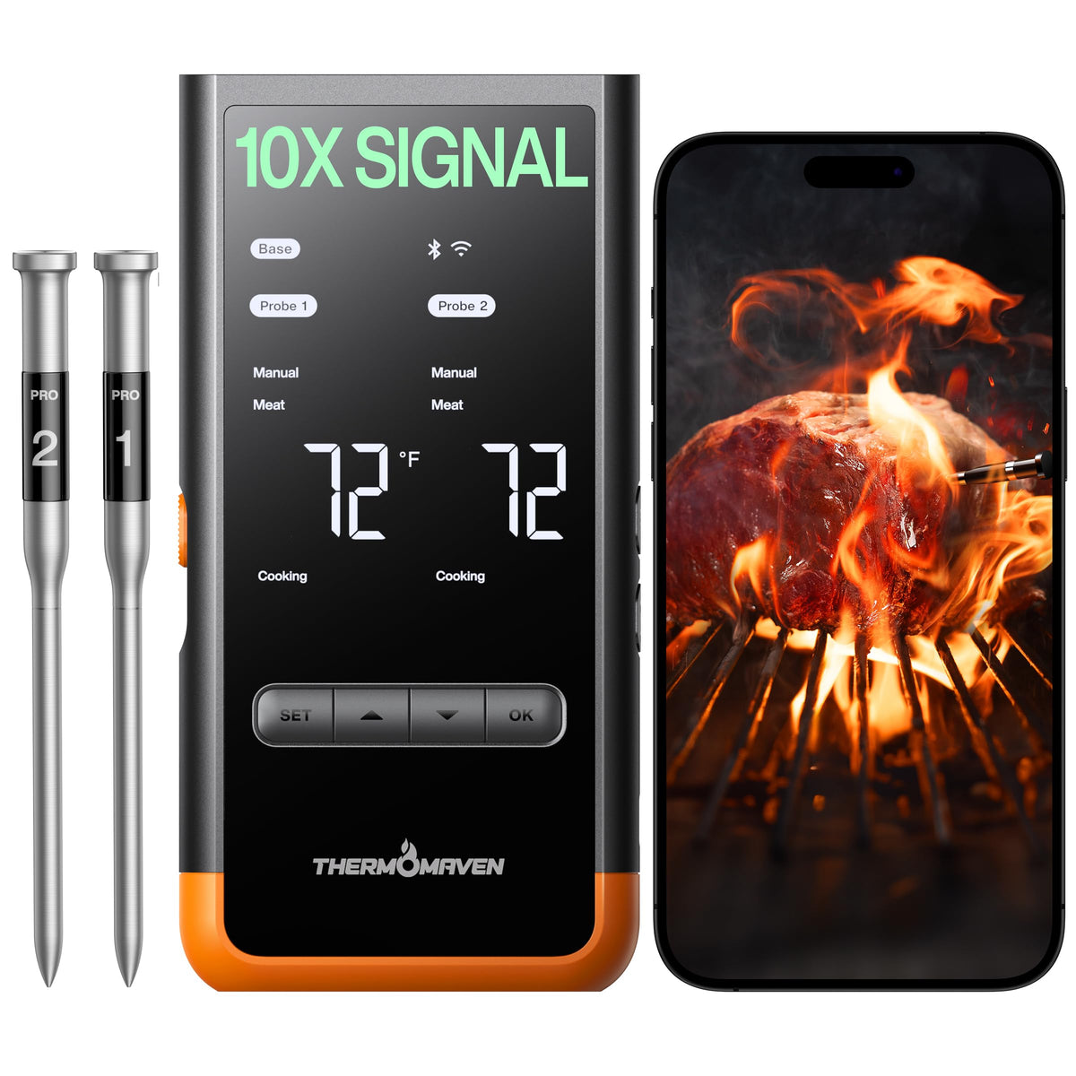 ThermoMaven base con pantalla muestra lecturas en tiempo real para asados precisos