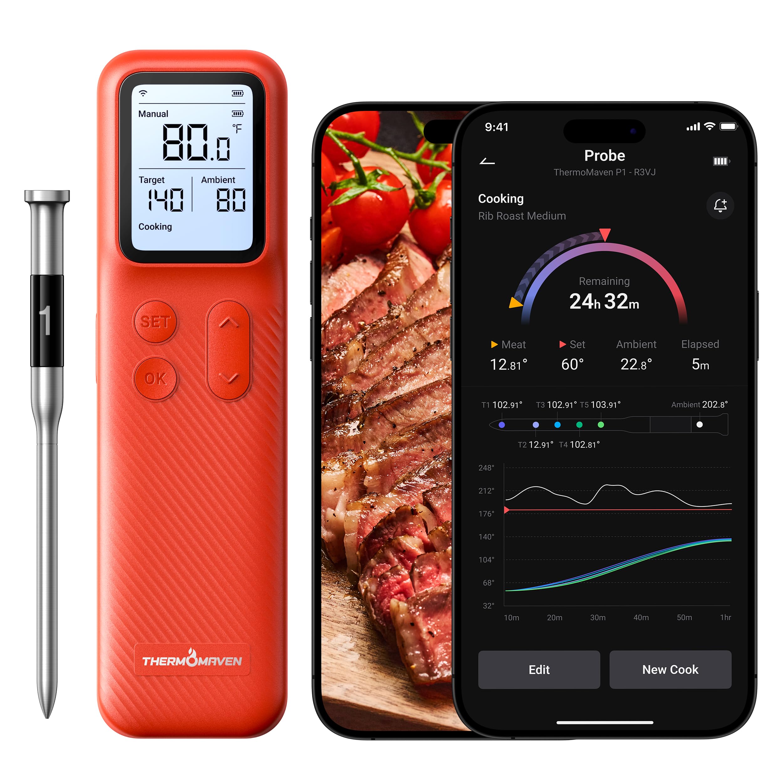ThermoMaven base de visualización inteligente muestra temperatura en tiempo real para cocinar con precisión