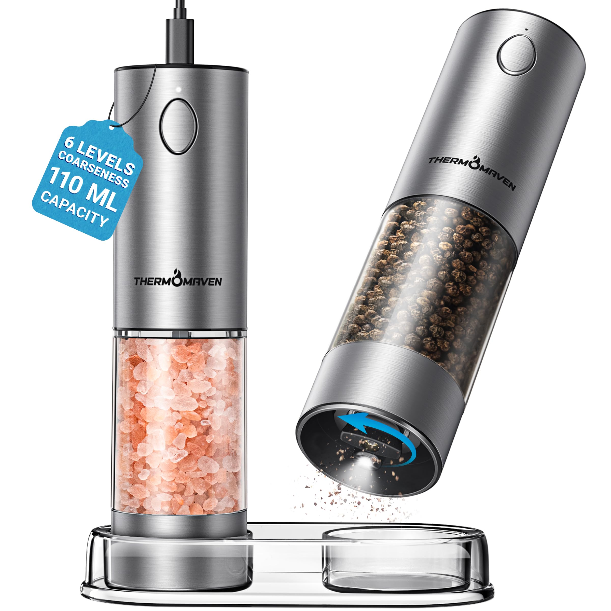 ThermoMaven molino sal pimienta 110ml, gran capacidad para recargas menos frecuentes