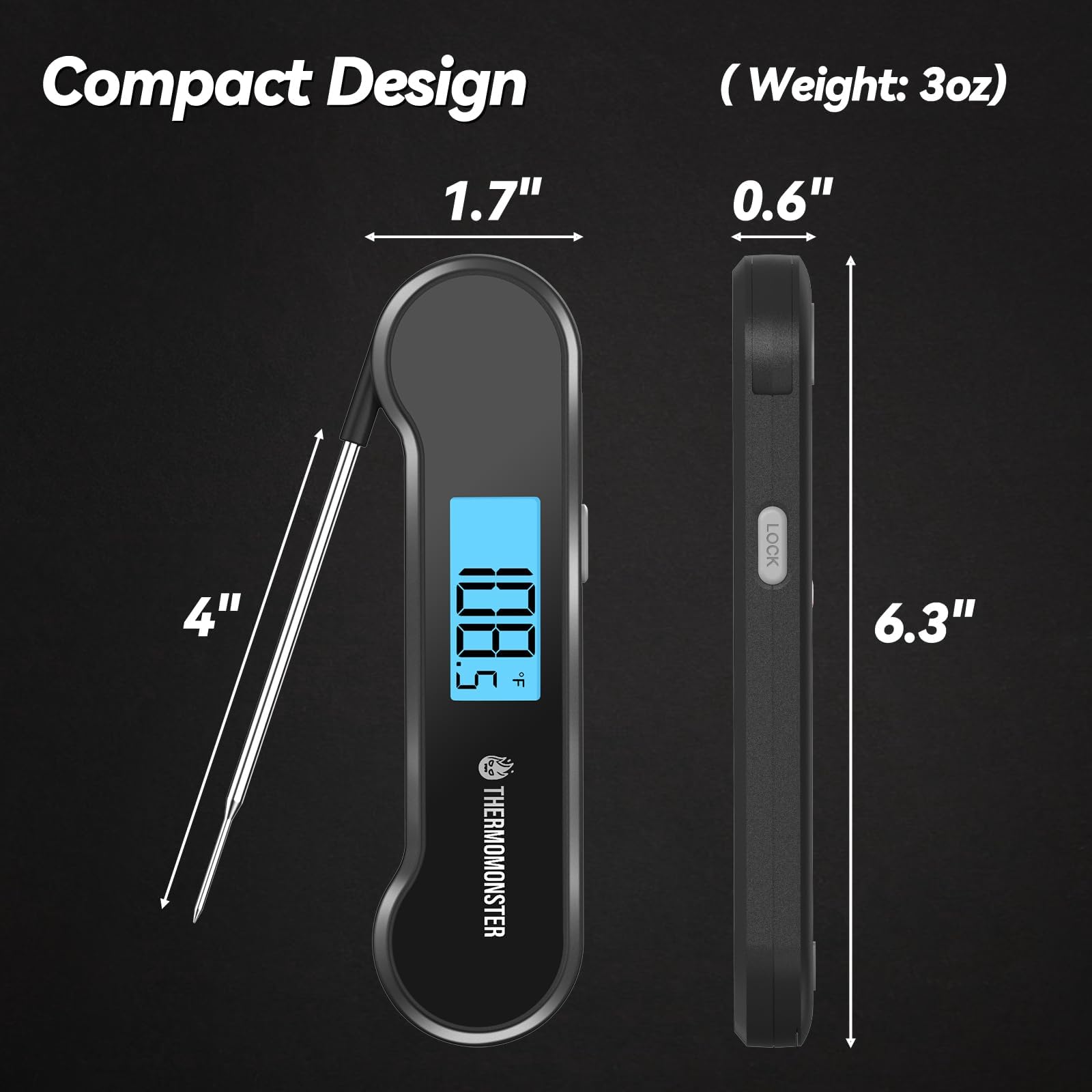 Termómetro ThermoMonster, pantalla LCD auto-volteable para lectura cómoda nocturna.