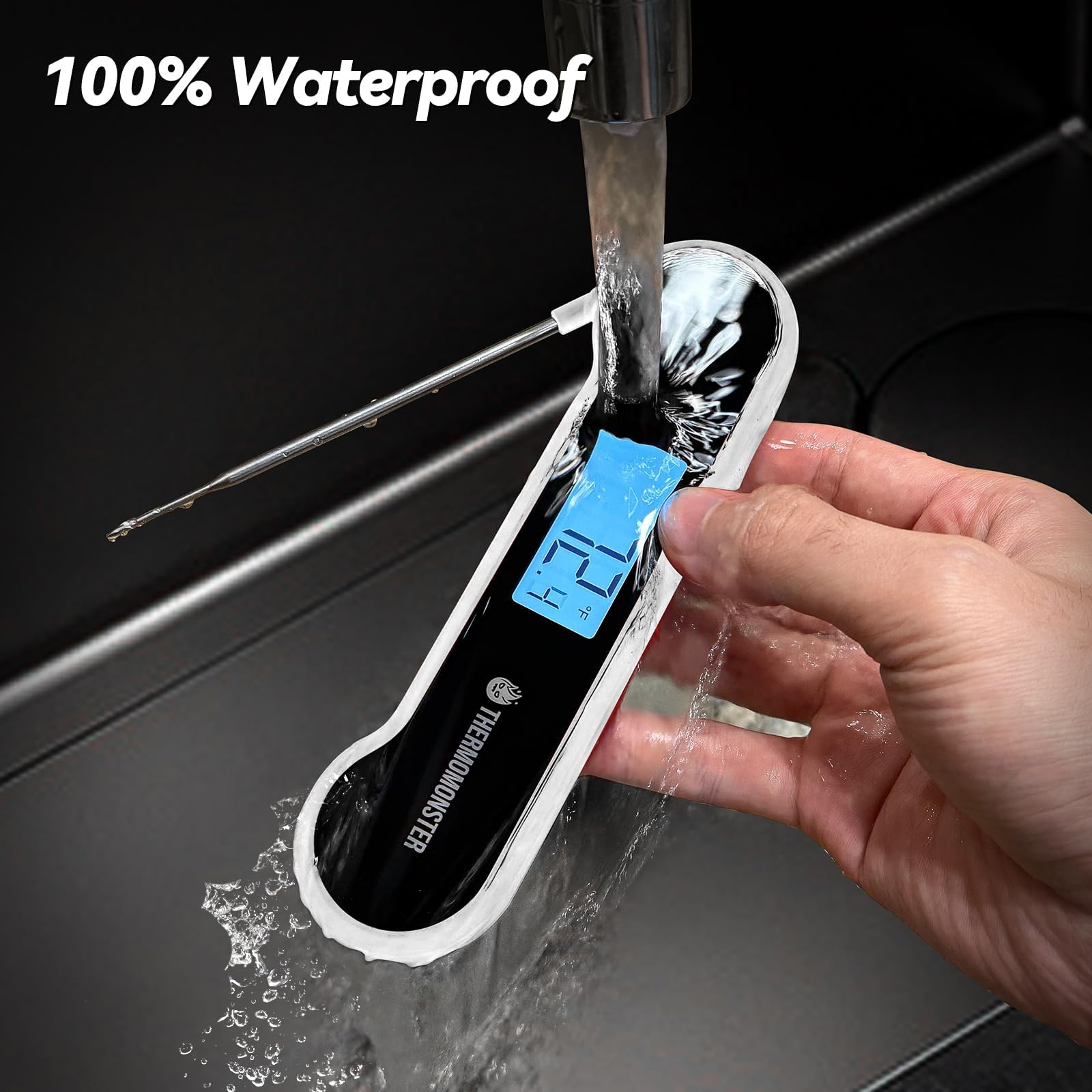 Termómetro ThermoMonster a prueba de agua para limpieza rápida.