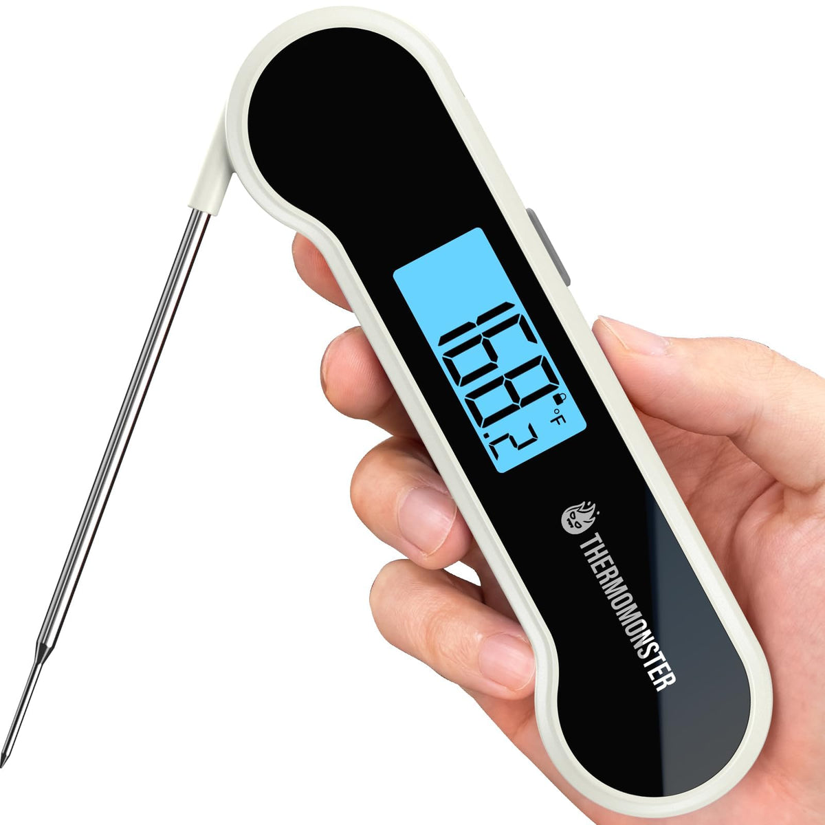 Termómetro ThermoMonster muestra lectura rápida en cocina en 0,5 s para carnes jugosas.