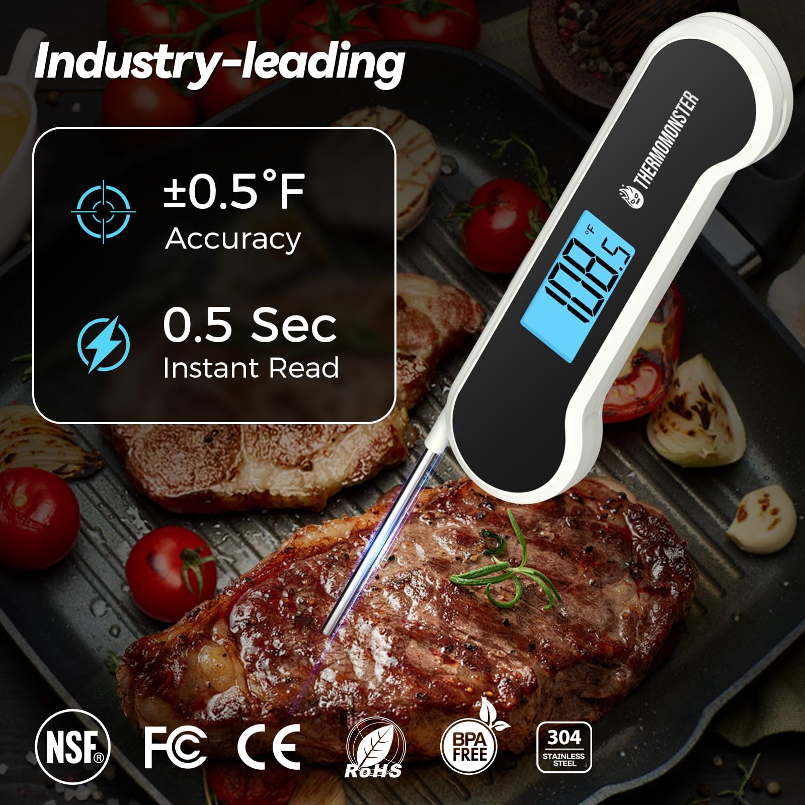 Termómetro ThermoMonster con foco en lectura instantánea para asados.