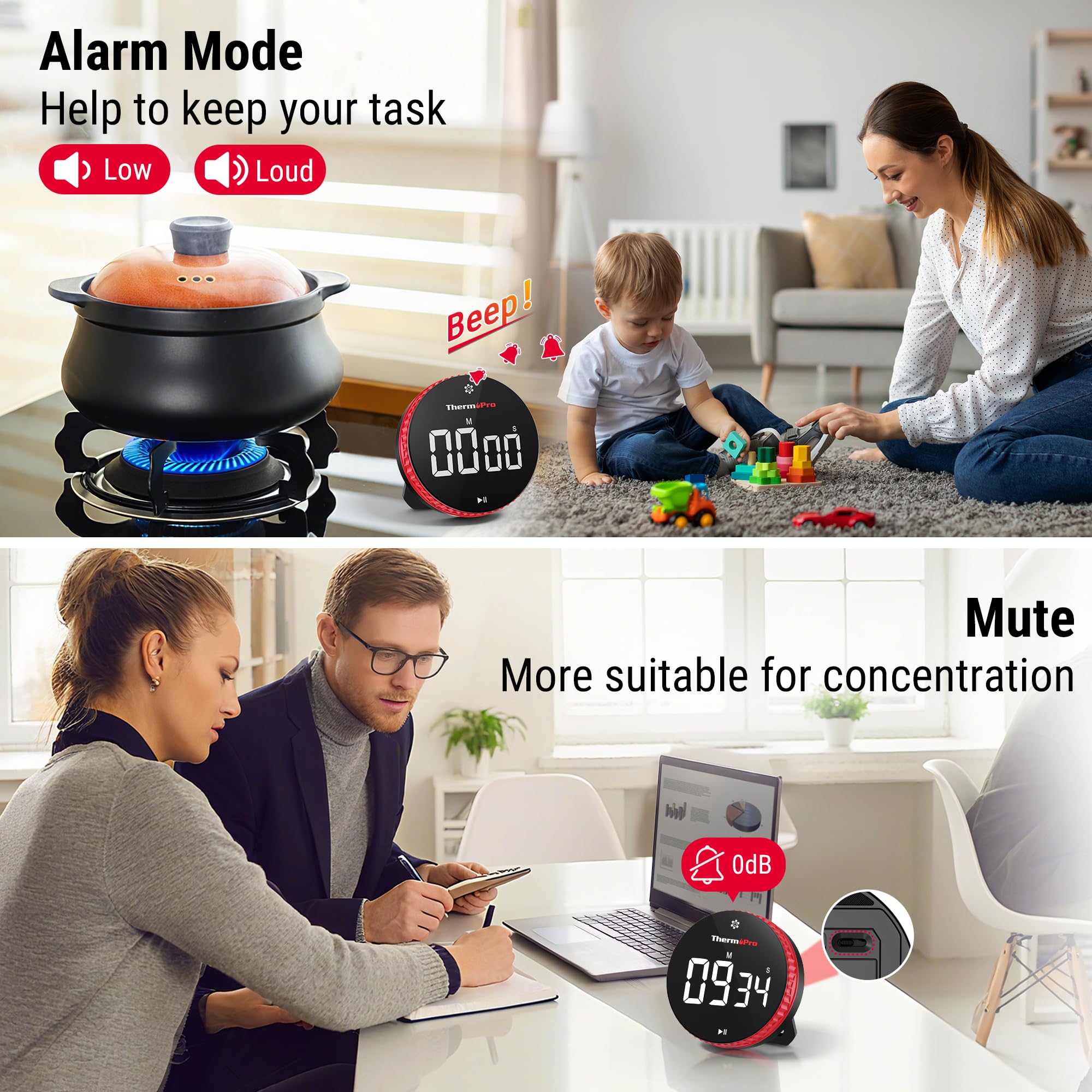 ThermoPro alarma regulable en tres volúmenes para diferentes entornos