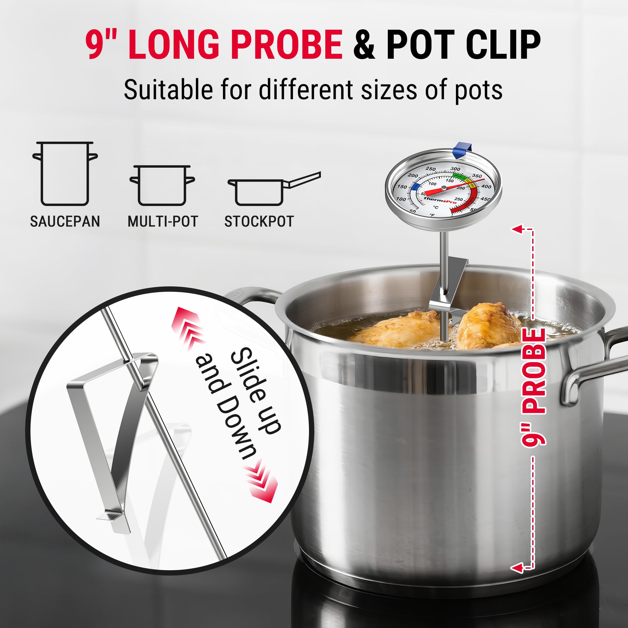 Termómetro ThermoPro acero inoxidable sin batería, diseño duradero para uso prolongado.