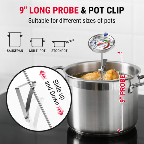 Termómetro ThermoPro acero inoxidable sin batería, diseño duradero para uso prolongado.