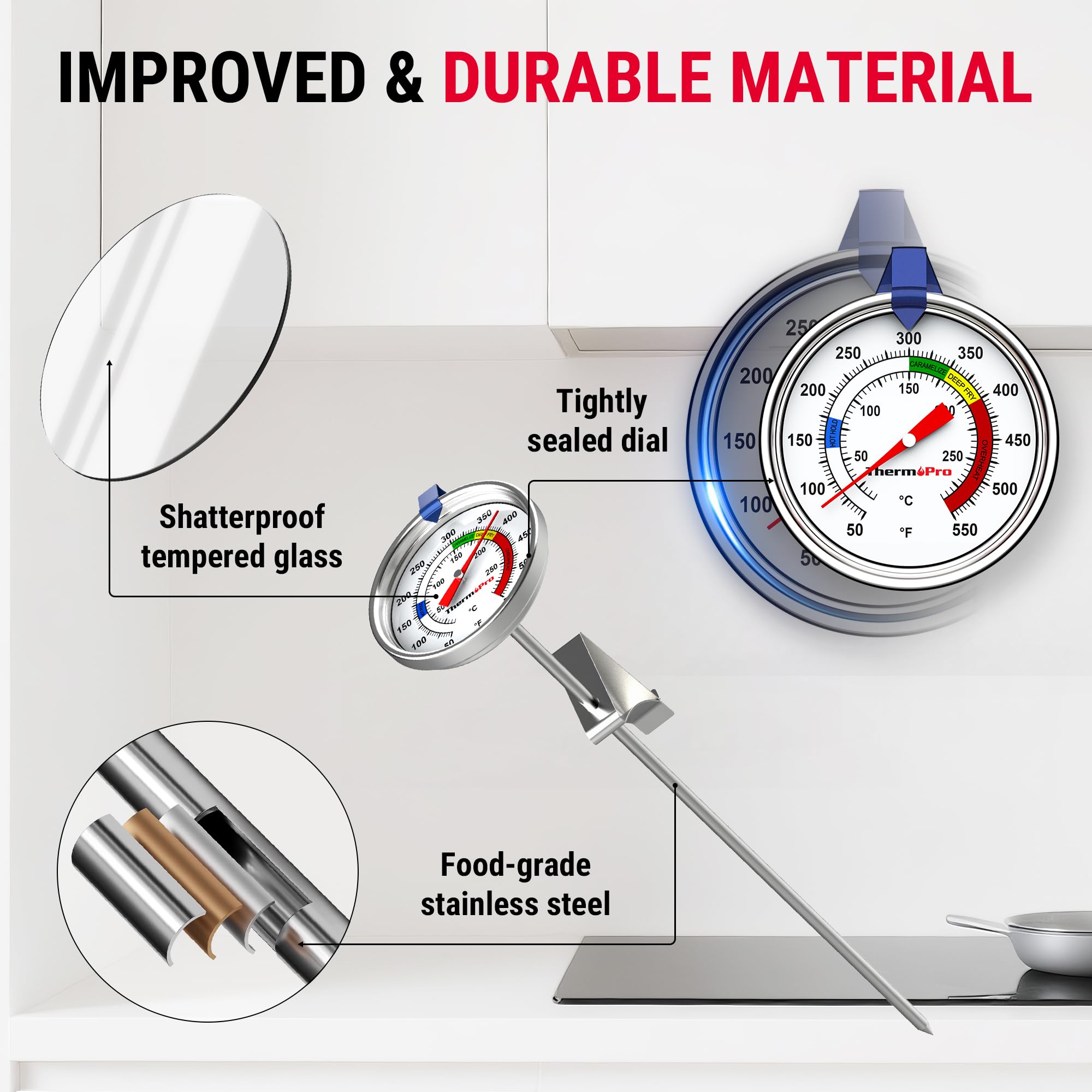 Termómetro ThermoPro rango 50-500 °F ideal para jarabe y horneados.