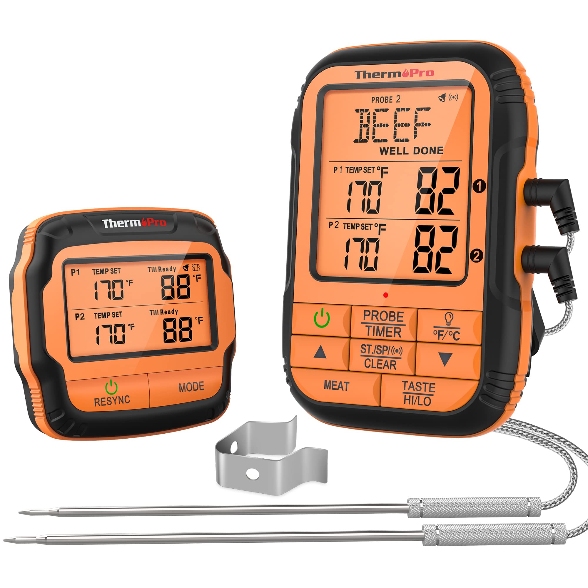 ThermoPro TP28 con dos sondas inalámbricas para control de carne y ambiente, útil para asados.