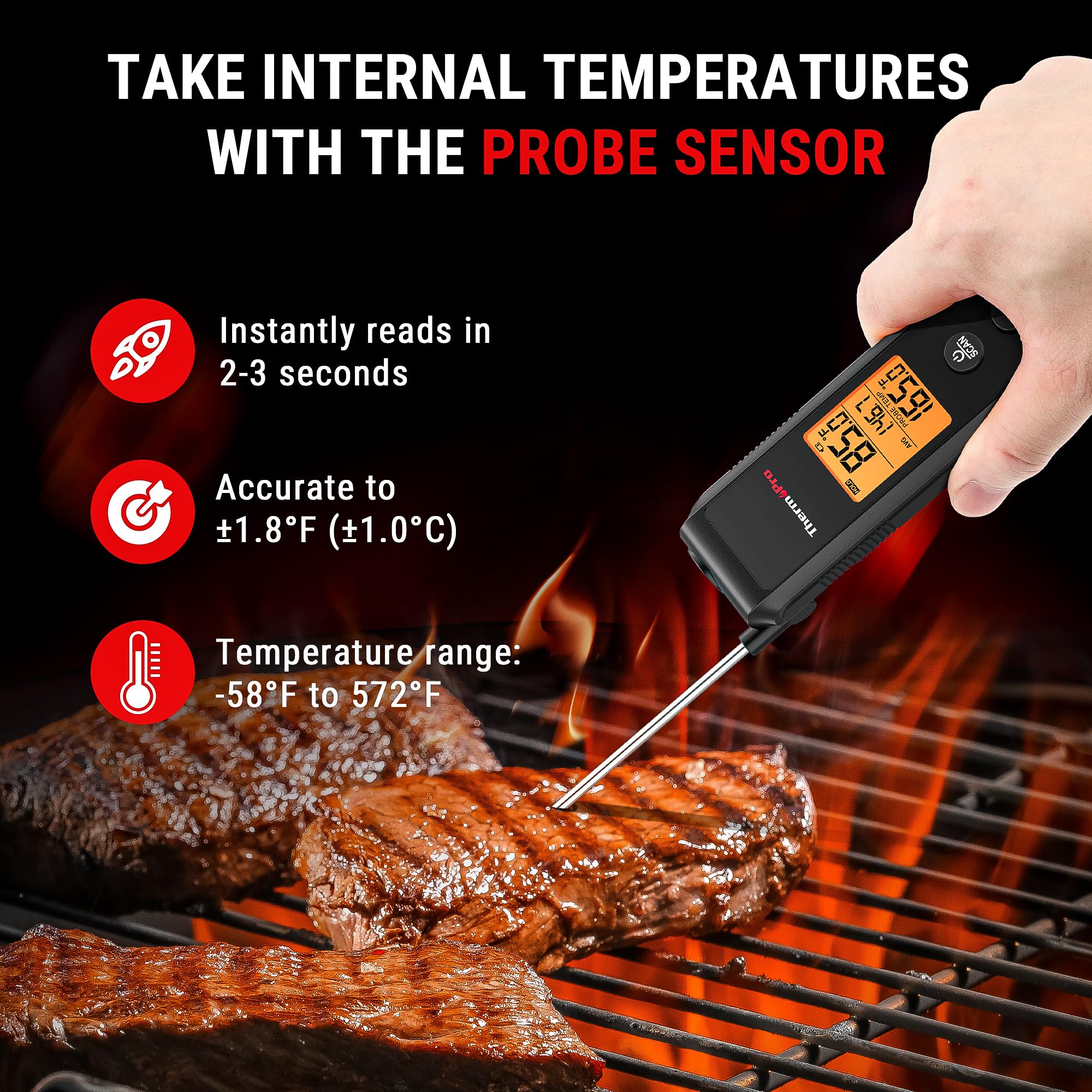 Sonda de acero inoxidable para temperaturas internas precisas.