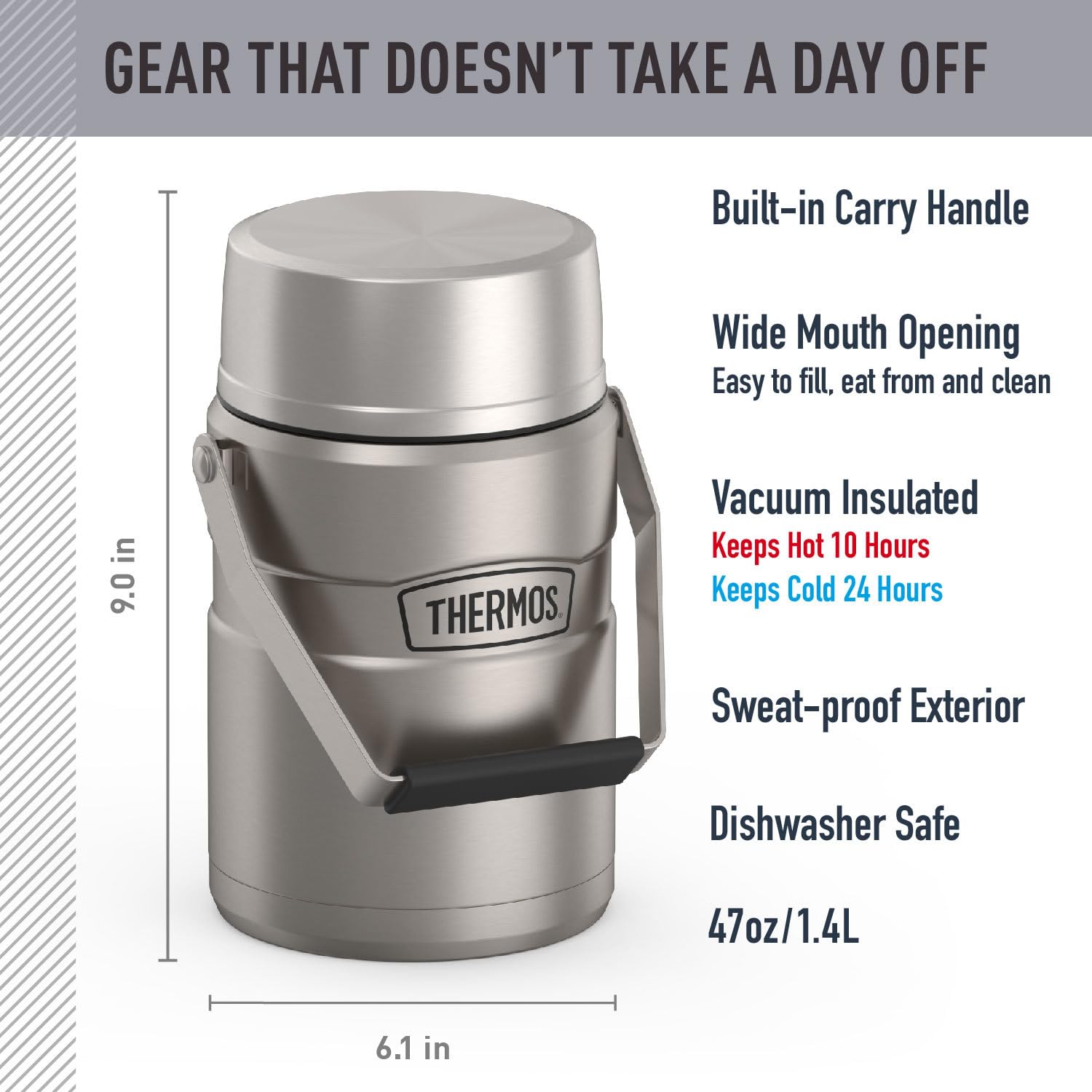 THERMOS detalle de la tapa y asa para cierre hermético y transporte seguro