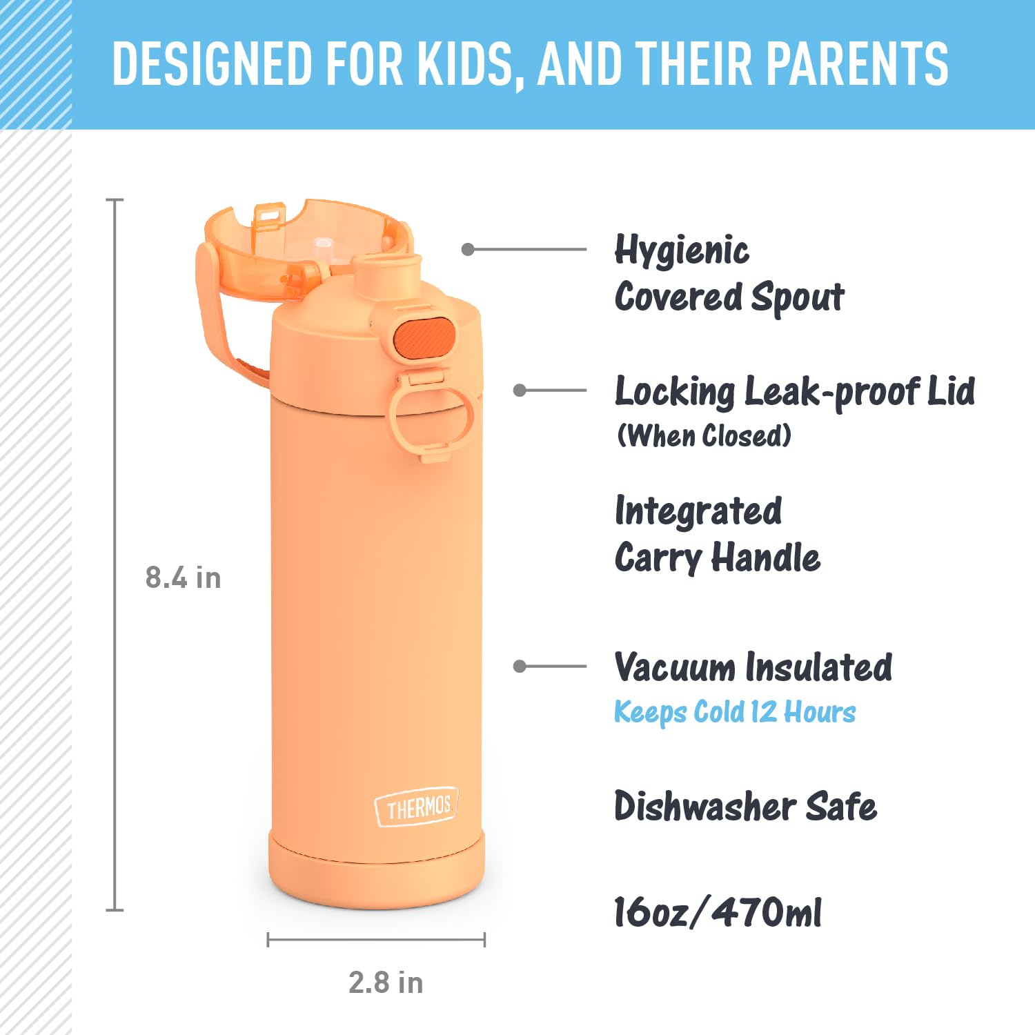 THERMOS FUNTAINER naranja con asidero soft-touch, transporte cómodo durante el día.