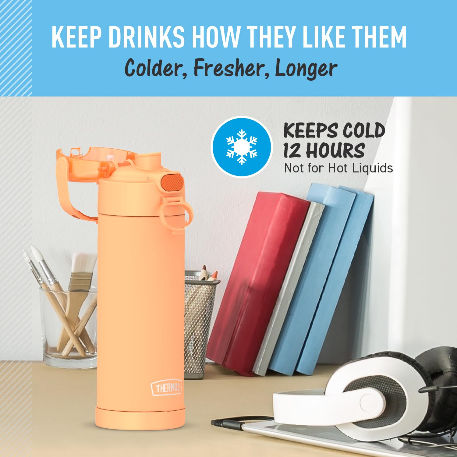 THERMOS FUNTAINER naranja diseño divertido para motivar la hidratación diaria.