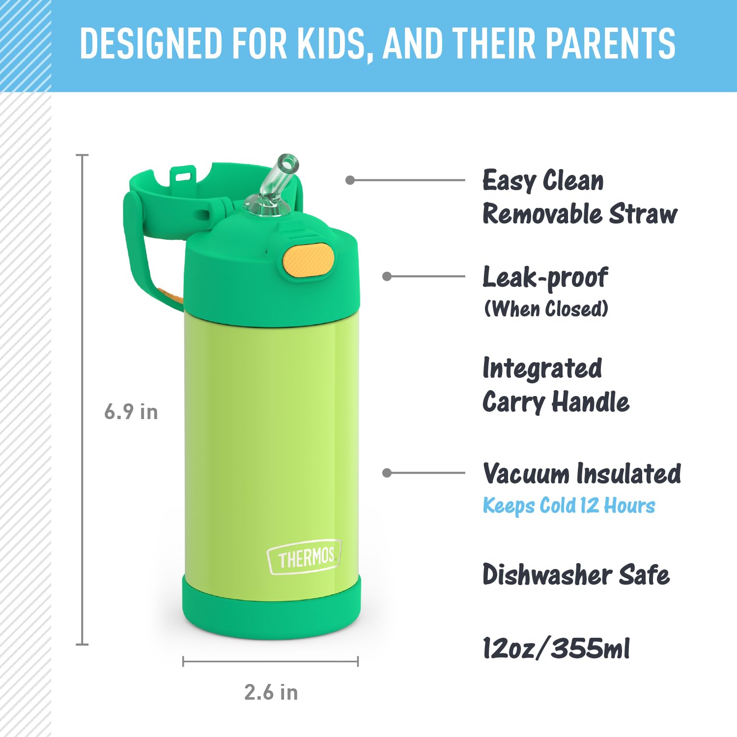 THERMOS FUNTAINER cierre con botón pulsador, tapa fácil de abrir y cerrar, ideal para la rutina escolar.