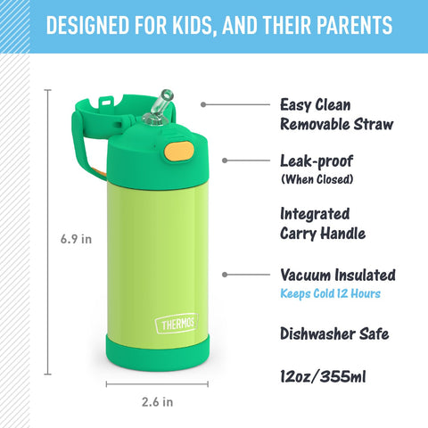 THERMOS FUNTAINER cierre con botón pulsador, tapa fácil de abrir y cerrar, ideal para la rutina escolar.