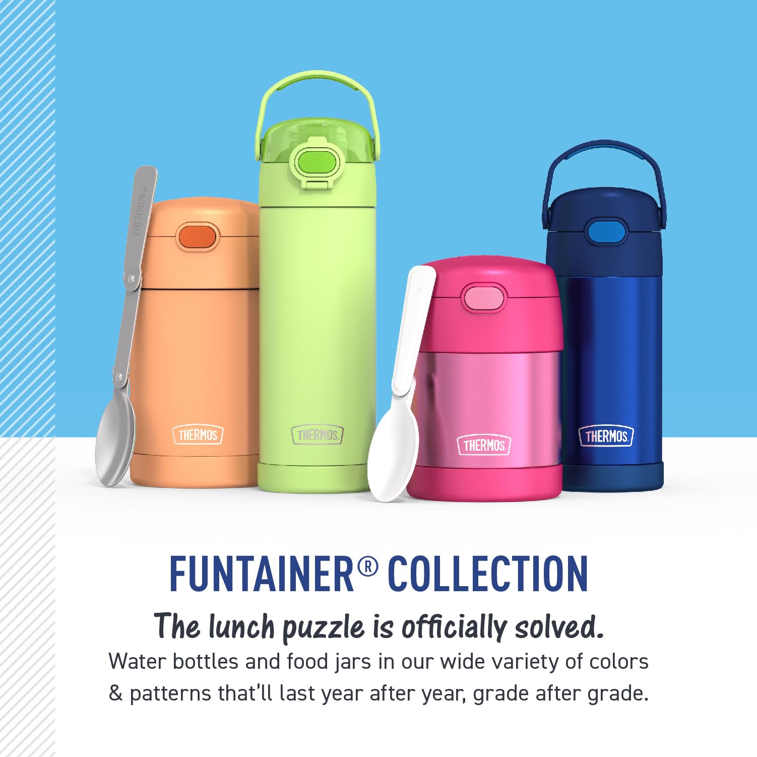 THERMOS FUNTAINER comparación en mano mostrando tamaño infantil y capacidad