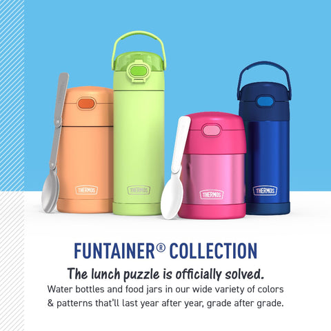 THERMOS FUNTAINER comparación en mano mostrando tamaño infantil y capacidad