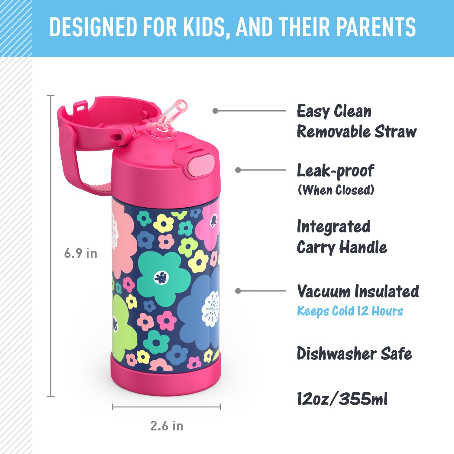 THERMOS FUNTAINER con pajilla integrada y cubierta higiénica, fácil de limpiar.