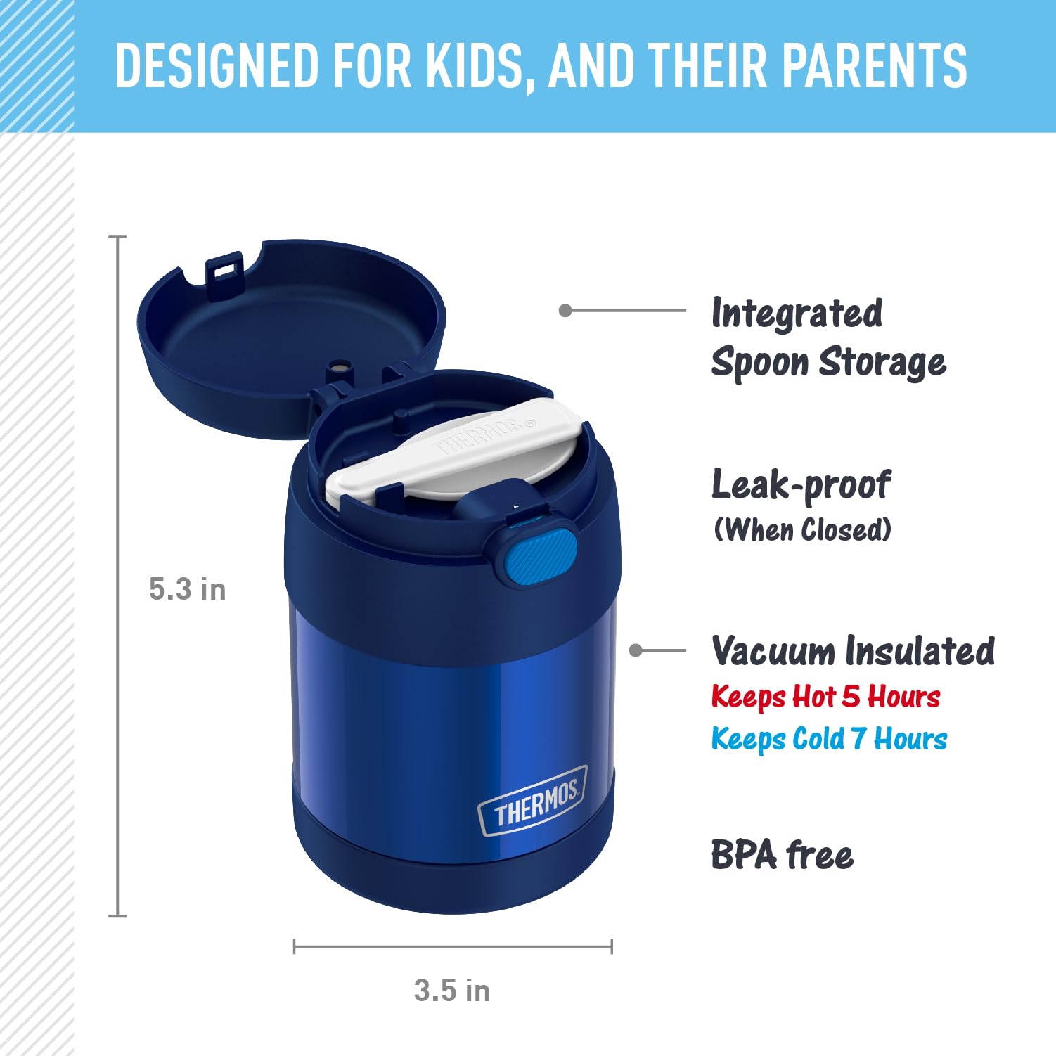THERMOS FUNTAINER tapa abierta con cuchara plegable lista para usar