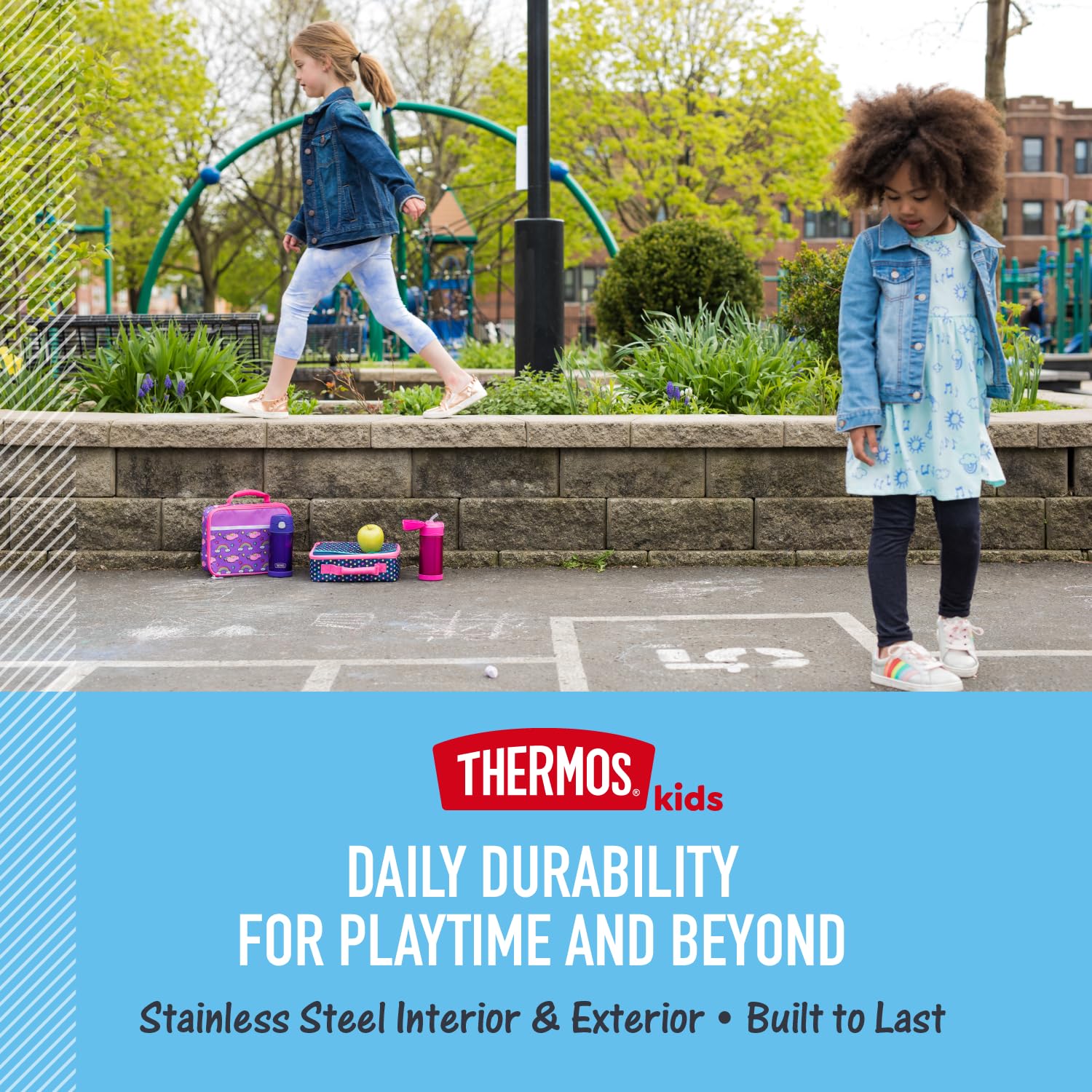 THERMOS FUNTAINER primer plano acero inoxidable mostrando acabado resistente