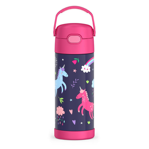 Thermos FUNtainer Unicornio con tapa y pajilla integrada, ideal para beber en clase
