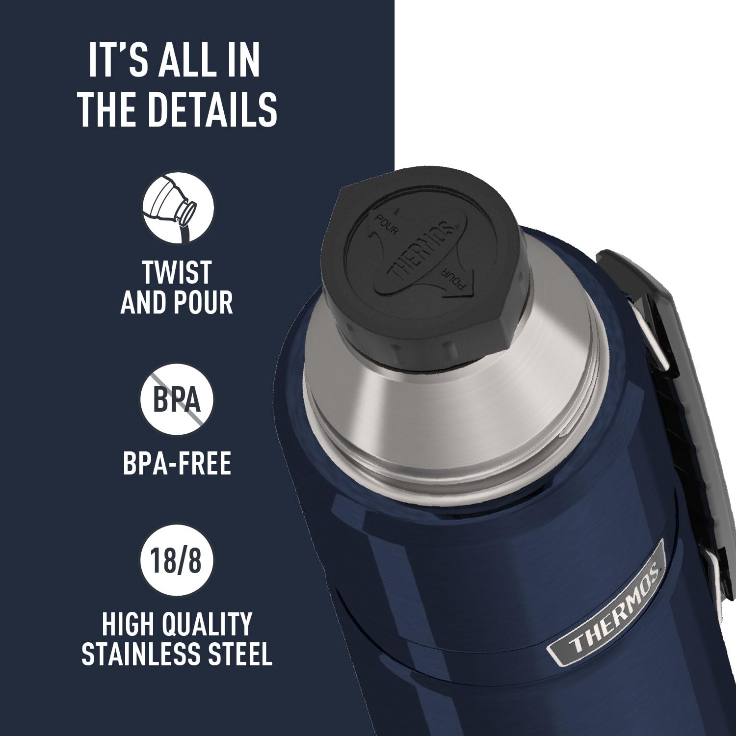 El exterior THERMOS permanece frío al tacto, sin sudor con bebidas frías.