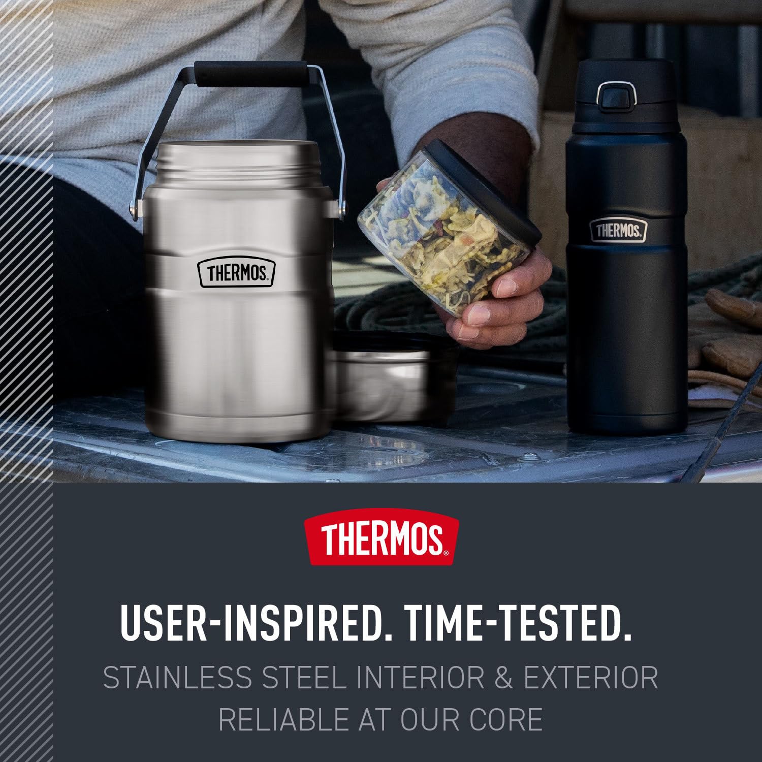 THERMOS primer plano acero inoxidable mate que muestra durabilidad