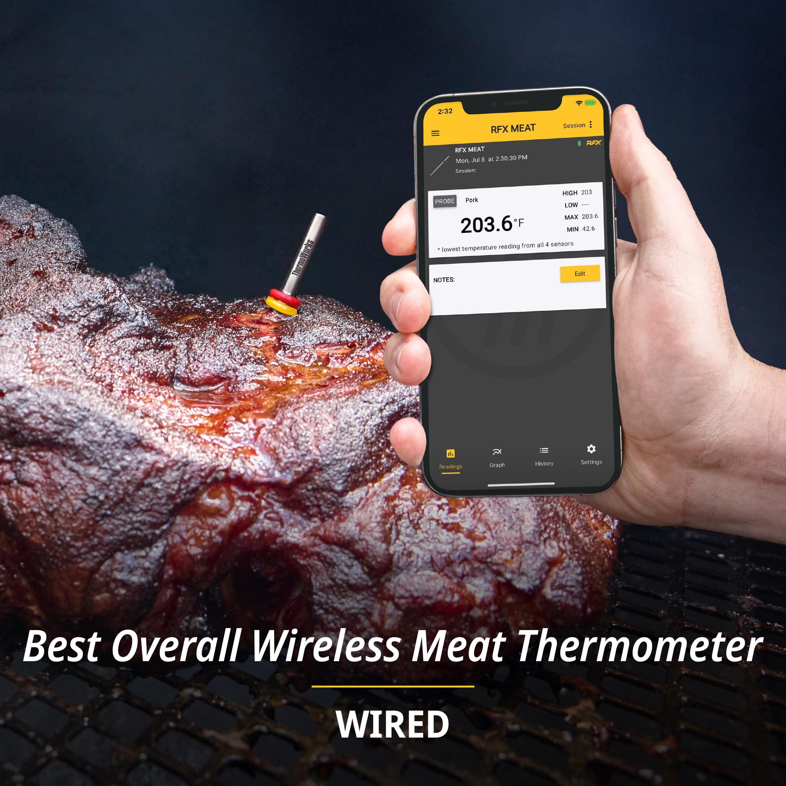 ThermoWorks RFX carga rápida, lista para largas sesiones de ahumado.