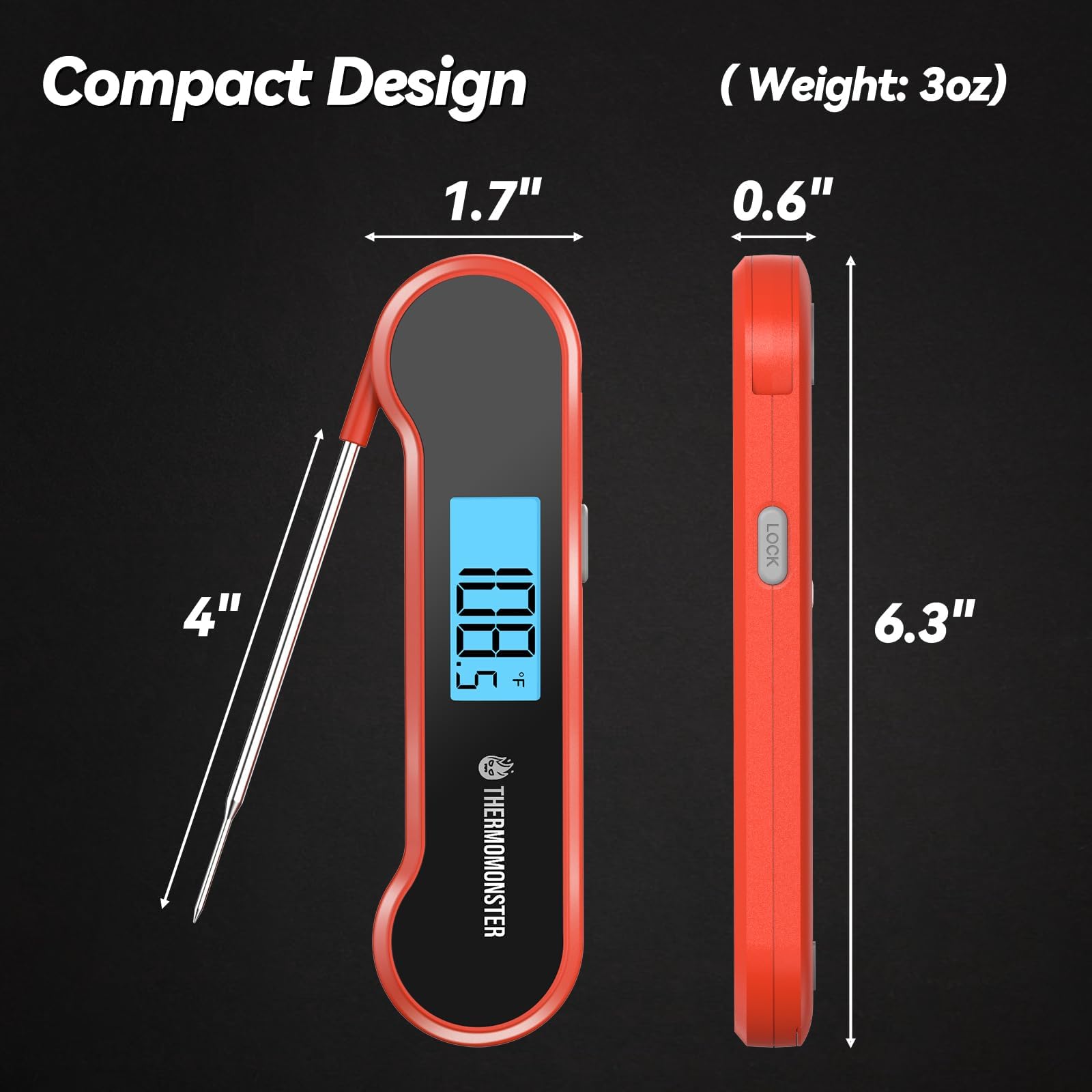 ThermoMonster pantalla LCD grande con giro automático para lectura rápida.