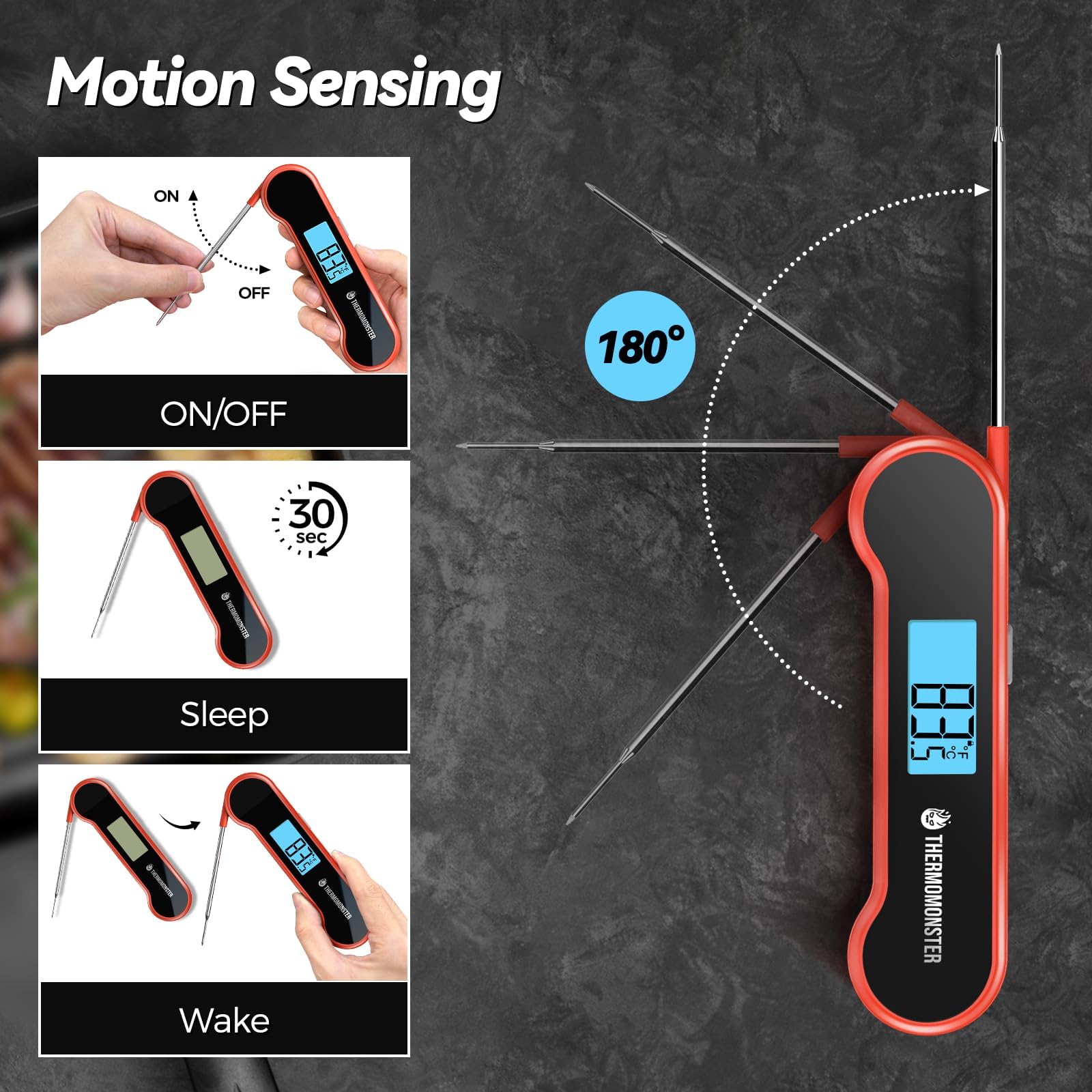 ThermoMonster sensor de movimiento activa la lectura al levantar.
