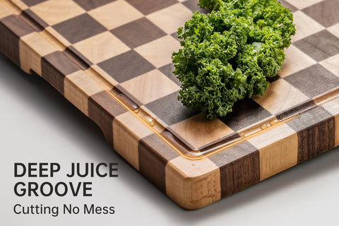 Tabla thetchry con canales para jugos, facilita recoger líquidos al cortar.