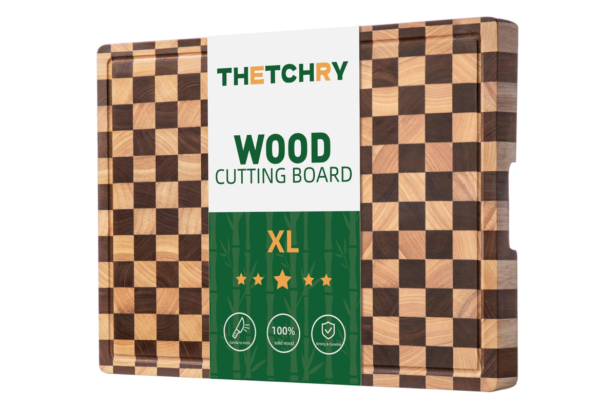 Tabla thetchry a cuadros en acacia, ideal para cortar y presentar alimentos.