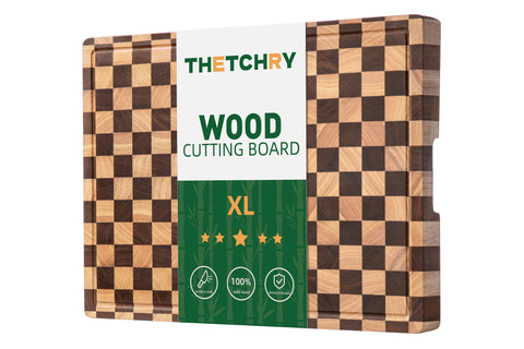 Tabla thetchry a cuadros en acacia, ideal para cortar y presentar alimentos.