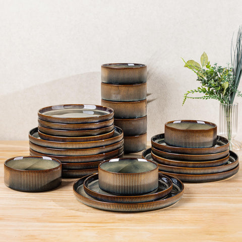 theterra-juego-ceramica-24-piezas-coca-mocha-platos-tazones: Vajilla cerámica speckled apta para horno y lavavajillas.