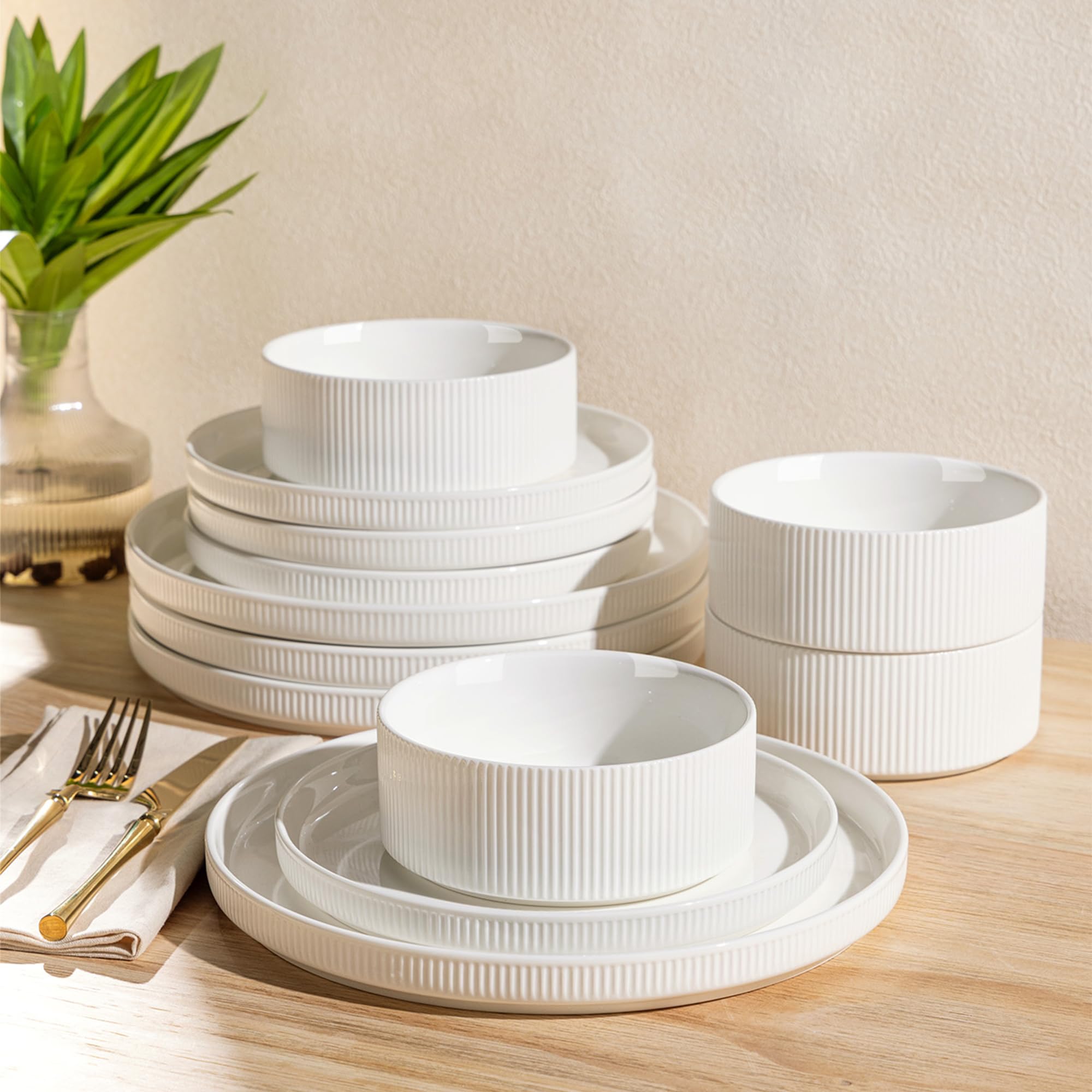 theterra platos principales y cuencos para cena, juego de 12 piezas; ideal para comidas diarias.