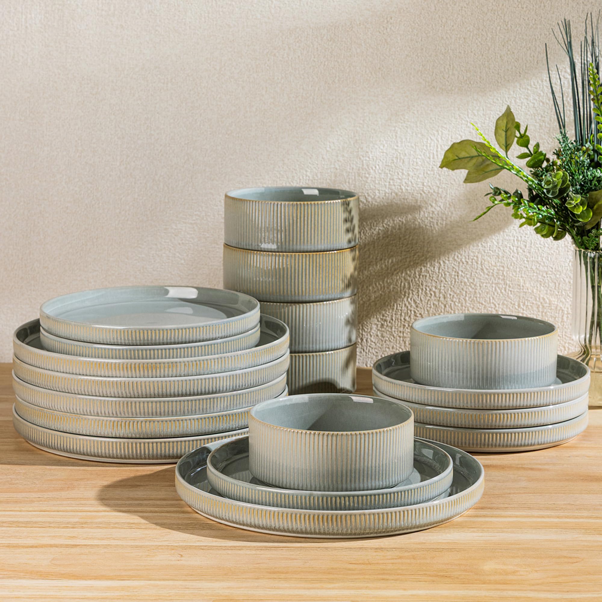 theterra set de platos desert sage, porcelana ligera apta para horno y lavavajillas.