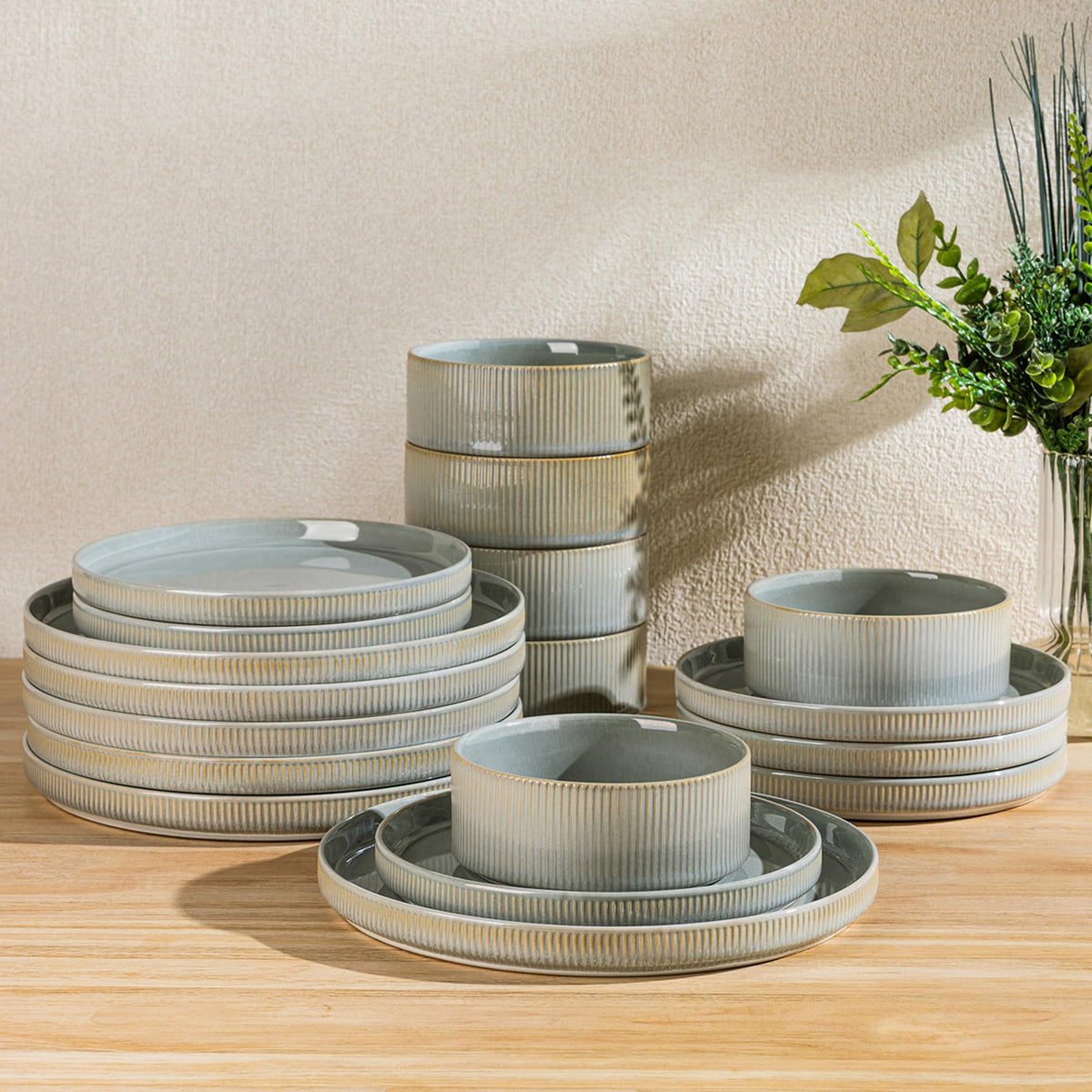 theterra set de platos desert sage, porcelana ligera apta para horno y lavavajillas.