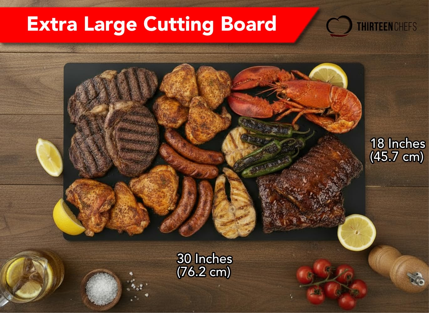Tabla de cortar Thirteen Chefs 30x18, perspectiva profesional para cocinas grandes.