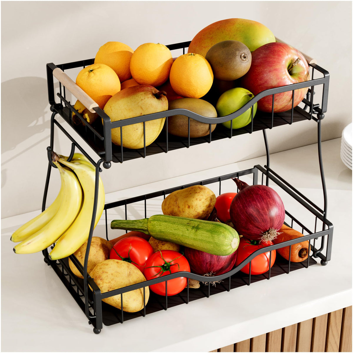 THKVESN cesta de dos niveles para cocina, ideal para mantener frutas y verduras a mano.