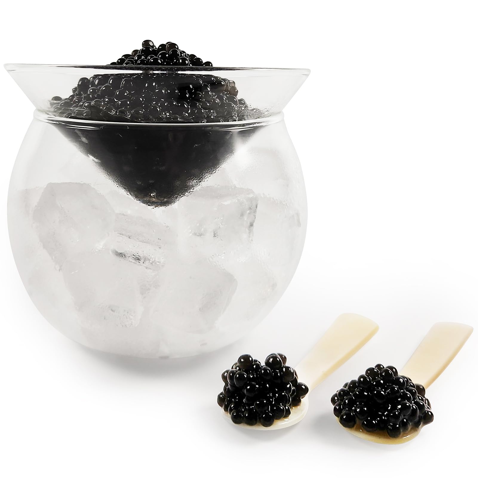 Conjunto ThougrLyh para caviar, vaso de vidrio, presentación elegante en la mesa.