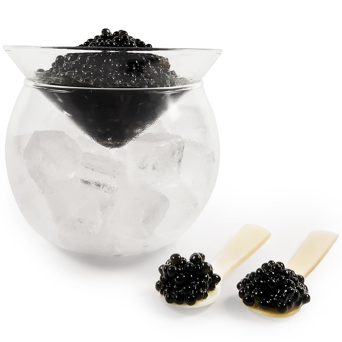 Conjunto ThougrLyh para caviar, vaso de vidrio, presentación elegante en la mesa.