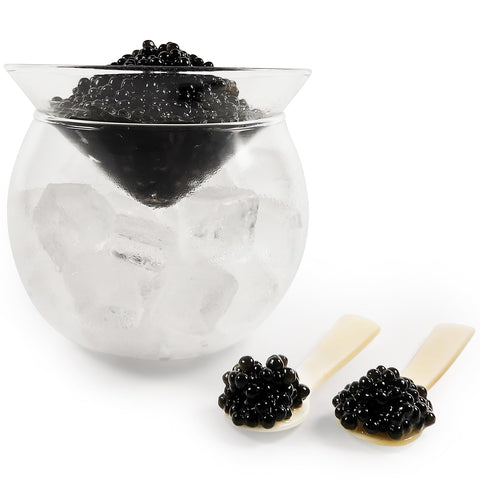 Conjunto ThougrLyh para caviar, vaso de vidrio, presentación elegante en la mesa.