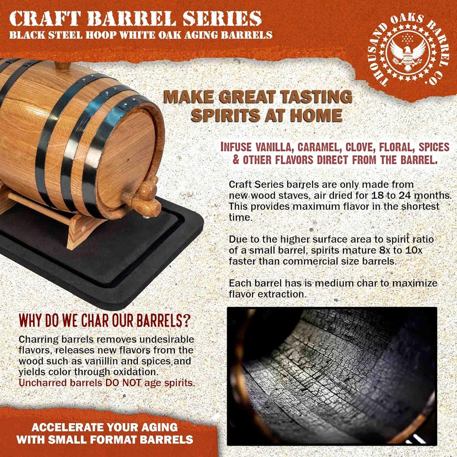 Grifo THOUSAND OAKS BARREL facilita servir sin derrames durante el envejecimiento.