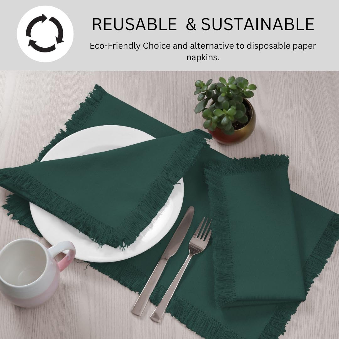 Threadvista detalle de flecos en servilleta verde.